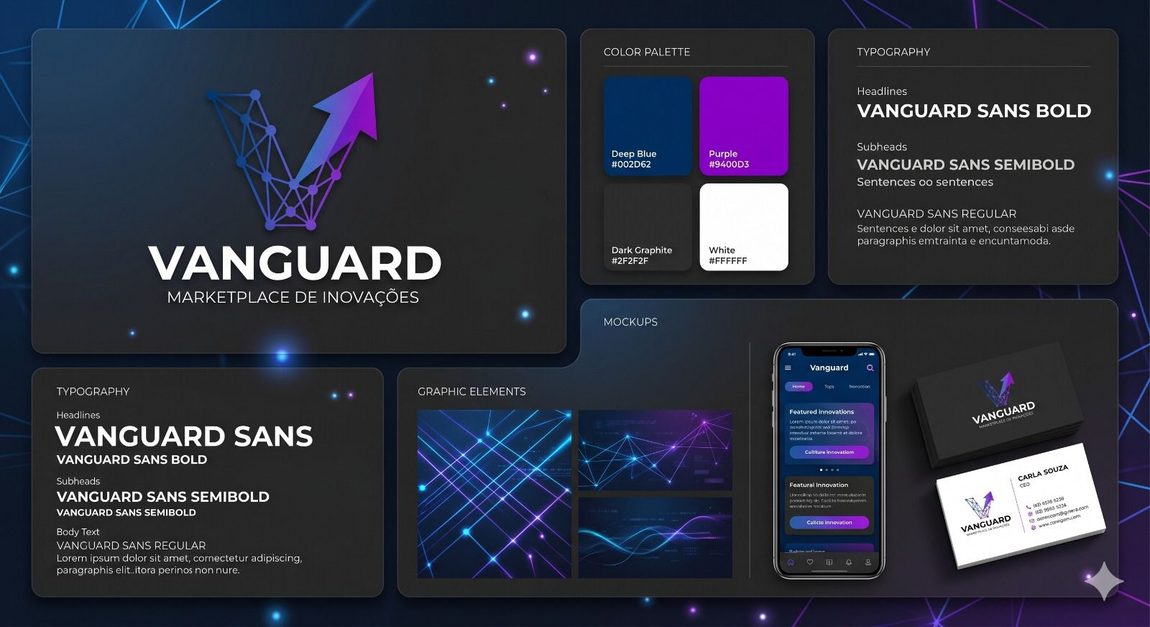 Brand board do projeto Vanguard Marketplace de Inovações: símbolo em rede de pontos com seta ascendente, paleta em azul profundo e roxo neon, tipografia Vanguard Sans, elementos gráficos e mockups de aplicativo e cartão de visita