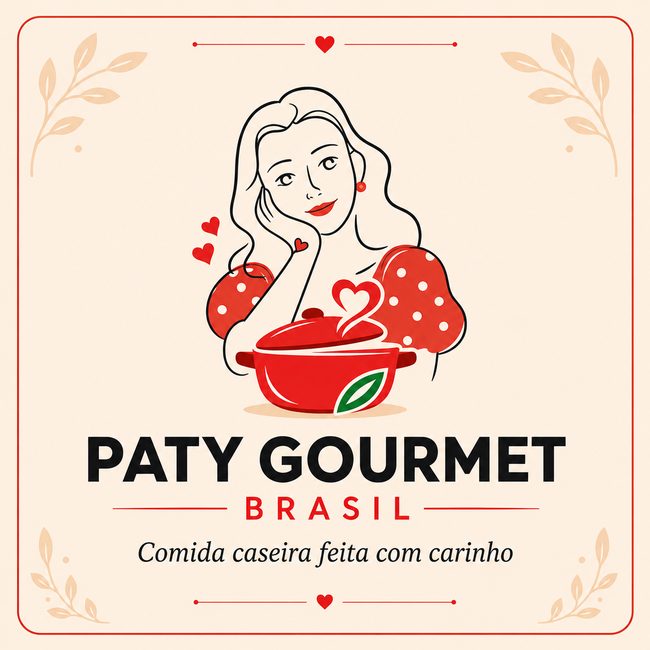 Logo final da Paty Gourmet Brasil com personagem ilustrada, panela vermelha e o slogan comida caseira feita com carinho