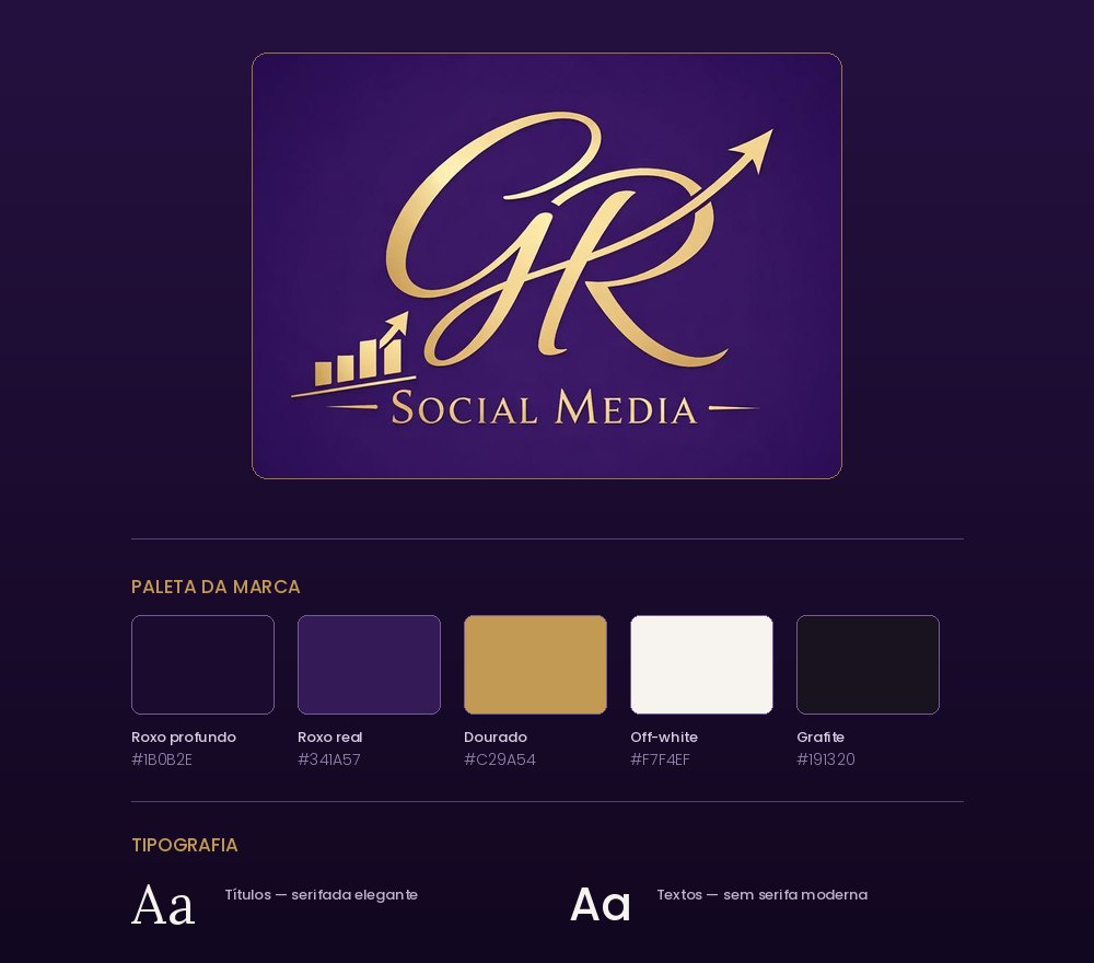 Identidade visual da Social Media Reis: monograma GR dourado, paleta de roxo profundo, dourado, off-white e grafite, e amostra tipográfica da marca